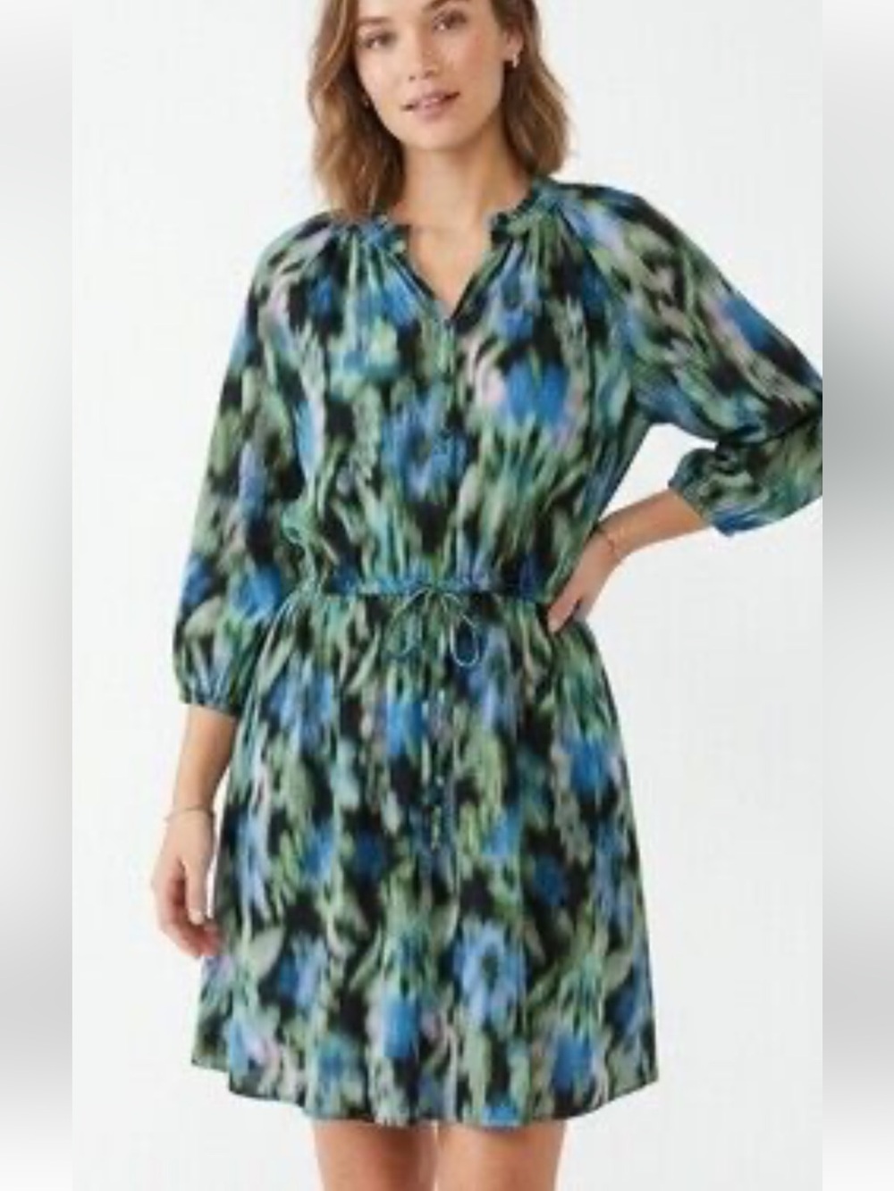 Time and Tru Long Sleeve Boho Ikat Floral Print
Drawstring Waist Mini Dress 2X